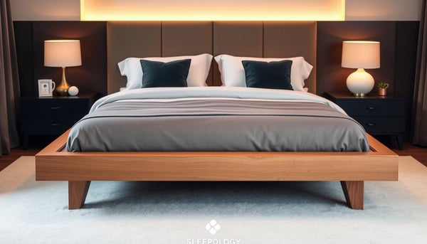 A modern platform bed design featuring a sleek wooden frame, low profile, and minimalistic aesthetic, in a cozy bedroom setting with soft lighting, elegant bedding, and decorative pillows, showcasing the brand "Sleepology".