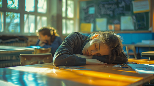 Child in school asleep on desk due to lack of sleep