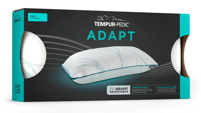 Packaging of the Tempur-Pedic® TEMPUR-Adapt® ProAdjust Pillow in King size, featuring adjustable TEMPUR-Material™ and SmartClimate™ cover.