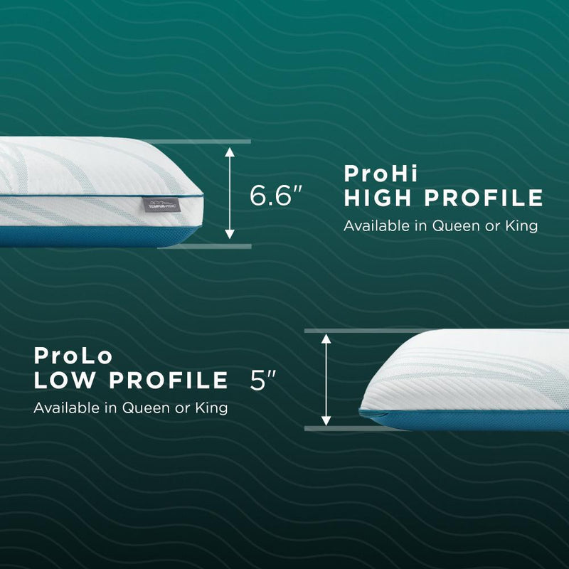 Profile height comparison between ProHi and ProLo Tempur-Pedic pillows, demonstrating the different support levels. Available at Sleepology Mattress Shop.