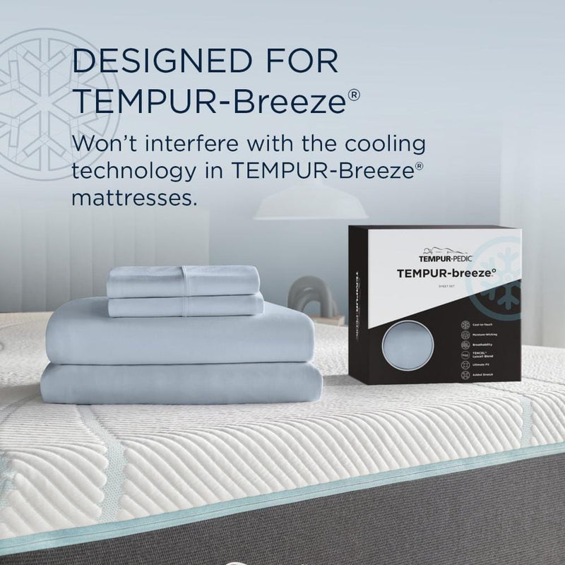 TEMPUR-Breeze® Cooling Sheet Set displayed with product packaging, designed specifically for use with TEMPUR-Breeze® mattresses without interfering with the cooling technology - Available at Sleepology Mattress Shop.