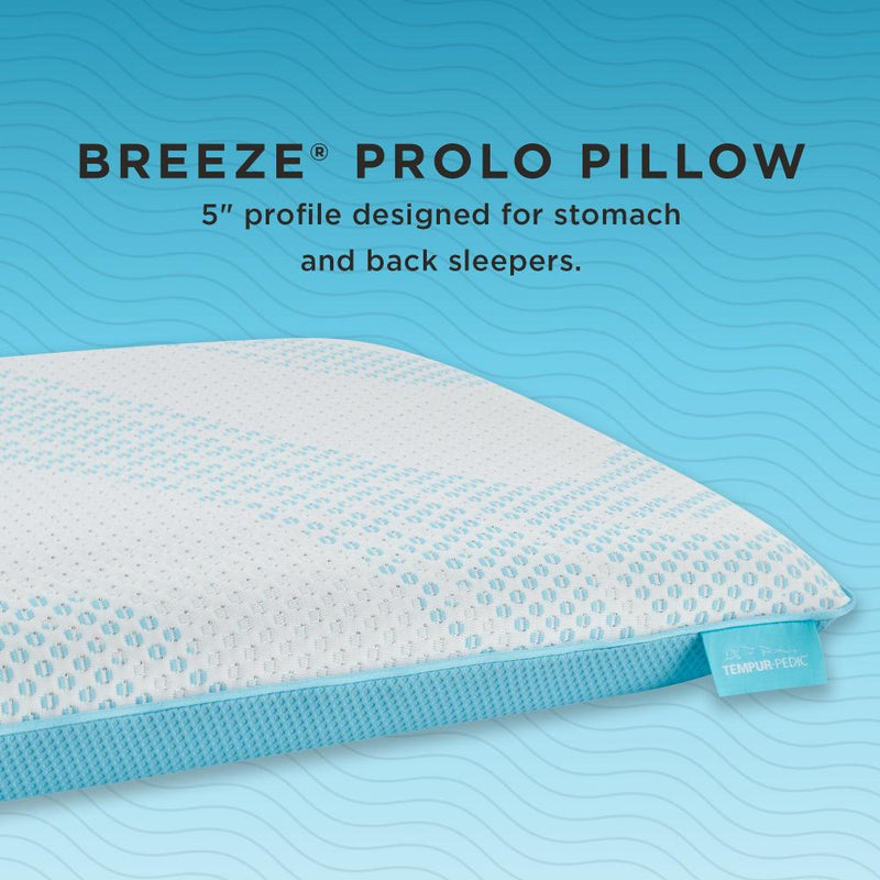 TEMPUR-Breeze® ProLo Pillow close-up, showcasing the cooling SmartClimate® cover and high-profile support, perfect for side and back sleepers. Available now at Sleepology Mattress Shop