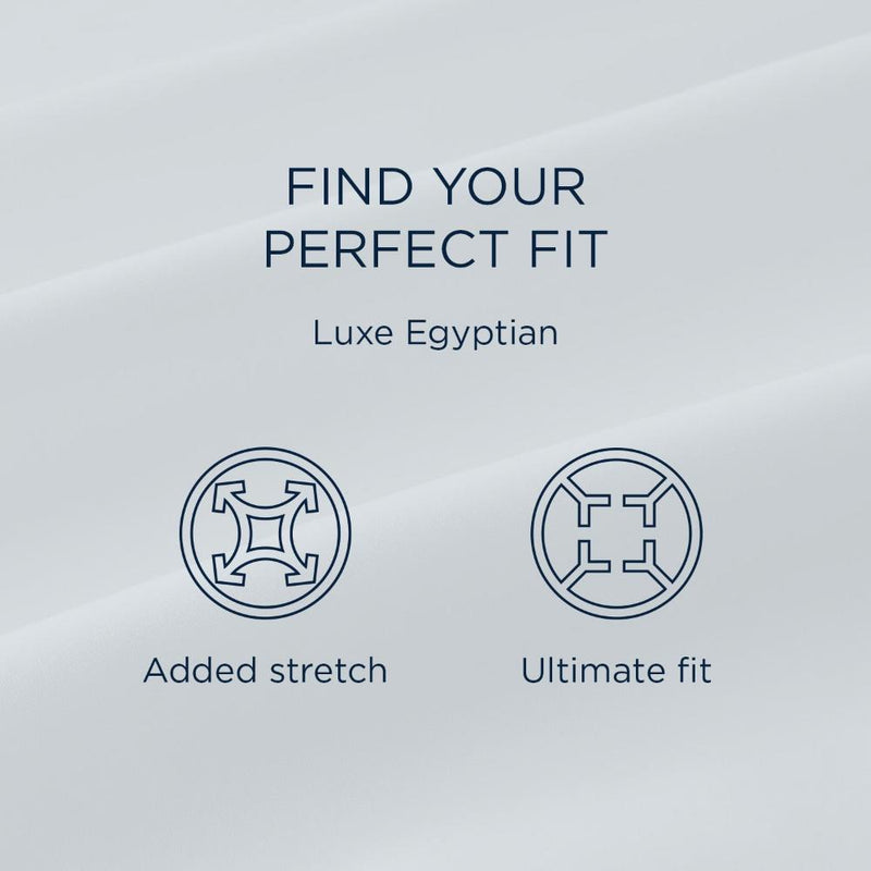 Icons representing features of the Tempur-Pedic Luxe Egyptian Sheets, including added stretch and ultimate fit - Available at Sleepology Mattress Shop.