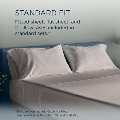 Standard sheet set of Tempur-Pedic Luxe Egyptian Sheets on a bed, featuring a flat sheet, fitted sheet, and pillowcases - Available at Sleepology Mattress Shop.