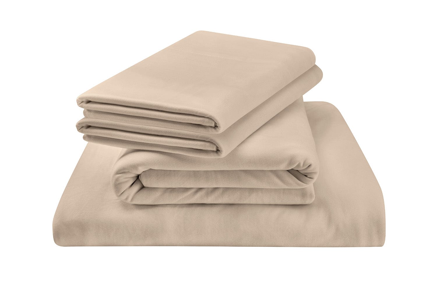 Tempur-Pedic TEMPUR Adapt™ Luxe Egyptian Cotton Sheet Set in Sandstone Color, Stacked Display - Luxurious 400-thread count bedding available at Sleepology Mattress Shop.