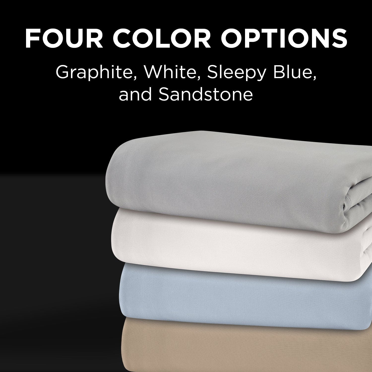 Stack of Tempur-Pedic TEMPUR Adapt™ Luxe Egyptian Cotton Sheets showcasing four color options: Graphite, White, Sleepy Blue, and Sandstone - Available at Sleepology Mattress Shop.